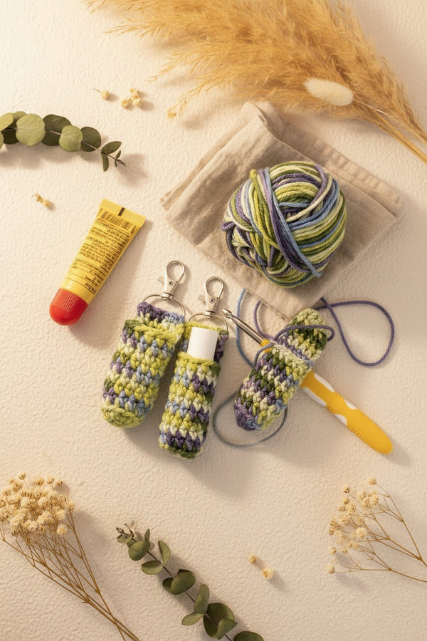 Planet Zebi Handmade Crochet Chapstick Holder Keychain D Ring Green Purple Variegated Yarn